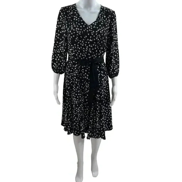 Talbots Black MIDI Dress SZ 8 Long Sleeve White Print Fit Flare Silhouette Flowy - Picture 2 of 16